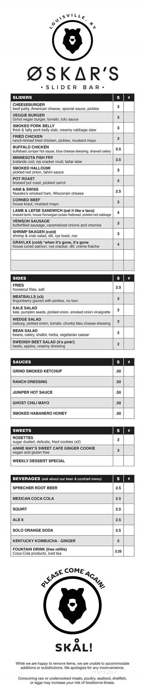 Menu of Oskar's Slider Bar in Louisville, KY 40213