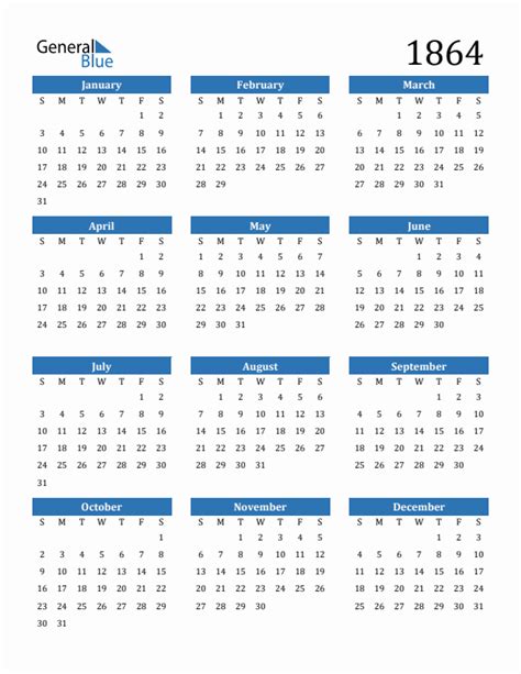 Free 1864 Calendars in PDF, Word, Excel