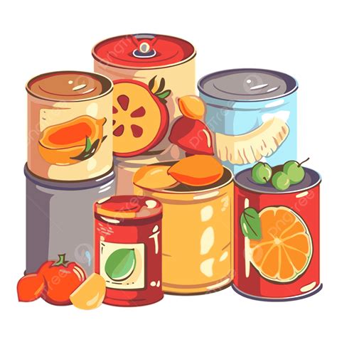 Canned Foods Vector, Sticker Clipart Pile Of Food Cans And Fruit Cartoon, Sticker, Clipart PNG ...