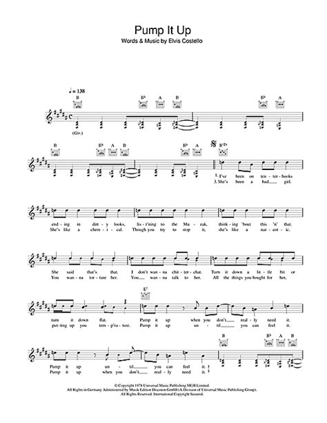 Elvis Costello 'Pump It Up' Sheet Music and Printable PDF Music Notes ...