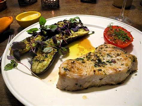 grill: mako shark, herbs; tomato, fennel; eggplant, oregano – Hoggard ...