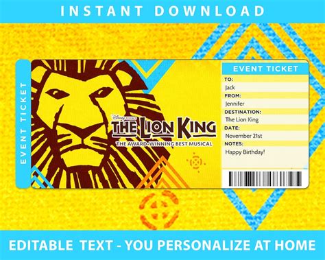 Printable Lion King Broadway Gift Ticket Editable Lion King | Etsy