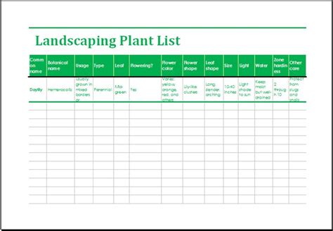 the landscaping plant list is shown in green