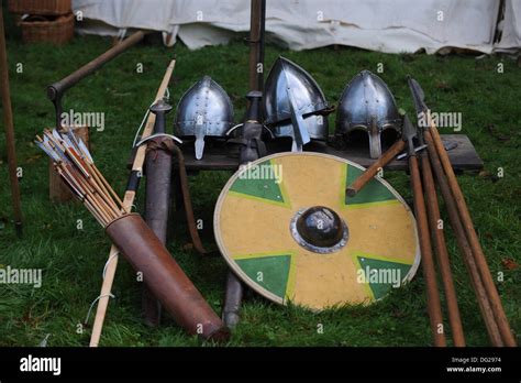 Saxon weaponry during the 1066 weekend at Battle Abbey in East Sussex today Stock Photo - Alamy