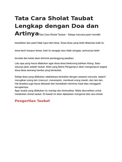 Tata Cara Sholat Taubat Lengkap Dengan Doa Dan ArtinyaTata Cara Sholat Taubat | PDF