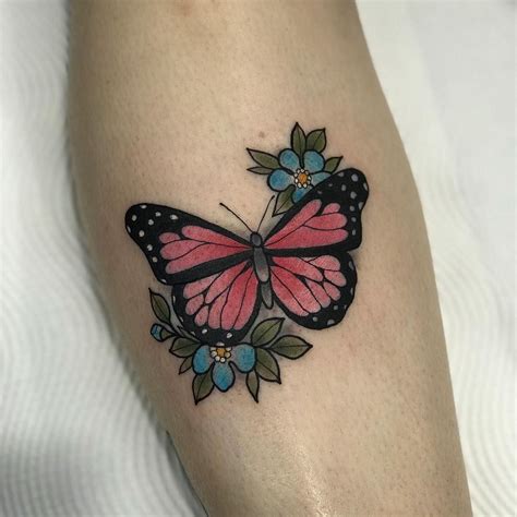 Small pink butterfly and flowers tattoo | Flower tattoo shoulder, Small ...