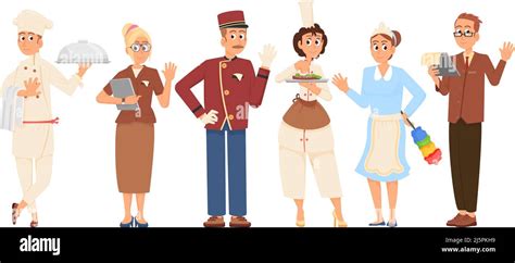 Hotel staff cartoon characters. Professional hospitality workers on job. Waiter, receptionist ...