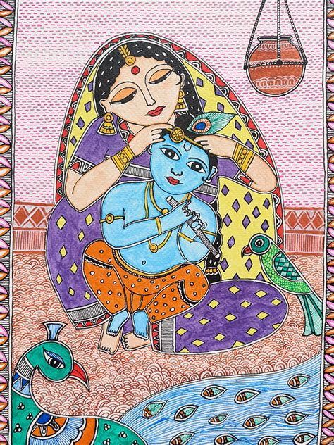 Kanha Ji And Maiya Yashoda Madhubani Painting | Acrylic On Handmade Paper | By Saral Panchal ...