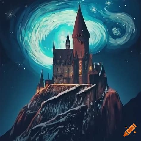 Wizard overlooking a magical castle in a snowy landscape