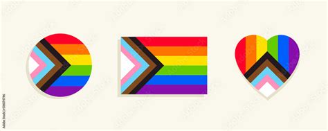 Progress pride flag with heart and circle design elements. Inclusive rainbow flag symbol: LGBTQ+ ...