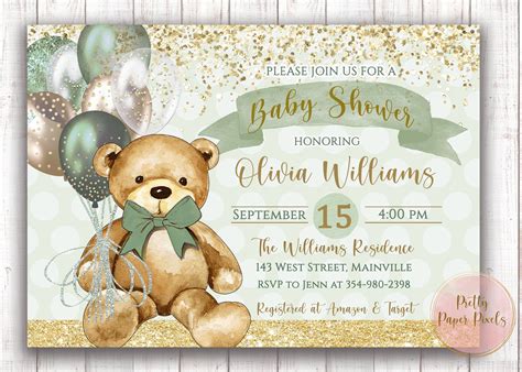 Bear Baby Shower Invitation, Teddy Bear, Baby, Gender Neutral, Boy, Girl, Shower, Green, Gold ...