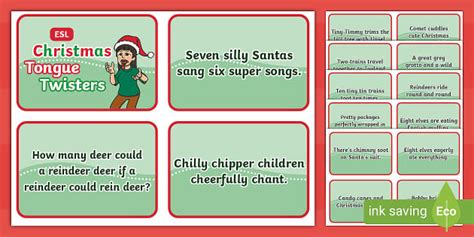 ESL Christmas Tongue Twister Cards [Kids, A2-B1] - Twinkl