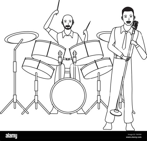 musician playing drums and singing black and white Stock Vector Image ...