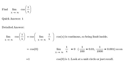 Step by step directions for finding the limit of cos(1/x) as x goes to infinity – Calculus Coaches