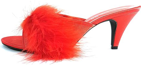 MicheleX 803 Ladies Womens Red Satin Fluffy High Heel Slippers 3.5” UK Size 8 9 10 Transvestite ...