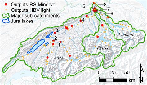 Overview map of the Aare River basin, showing model outputs of HBV ...