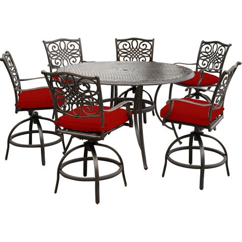 Hanover Traditions 7-Piece Aluminum Outdoor Bar Height Dining Set with Red Cushions, 6-Swivel ...