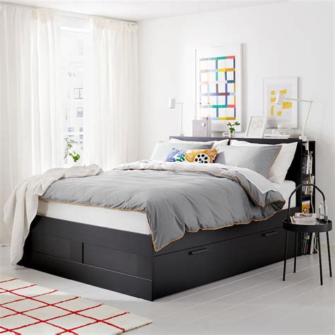 BRIMNES bed frame with storage & headboard, black/Luröy, Queen - IKEA