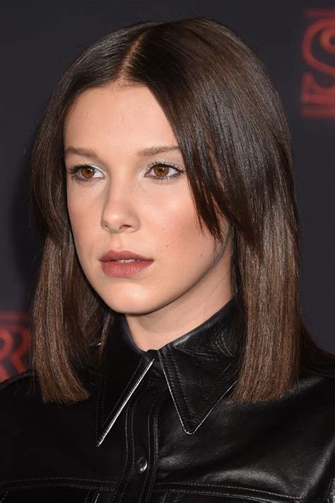 Millie Bobby Brown Straight Dark Brown Blunt Cut, Bob, Overgrown Bangs Hairstyle | Steal Her Style