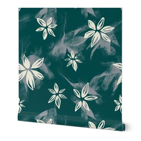 organic flora wallpaper // teal blue Wallpaper | Spoonflower