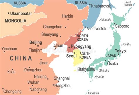 North Korea South Korea Japan China Russia Mongolia Map - Vector ...