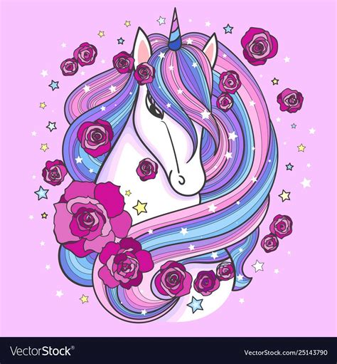 Rainbow unicorn among roses on a pink background. Vector illustration ...