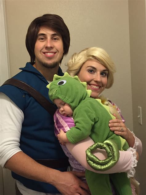 Rapunzel, Flynn Rider, and Pascal Family Costumes in 2024 | Disney baby costumes, Cute couple ...