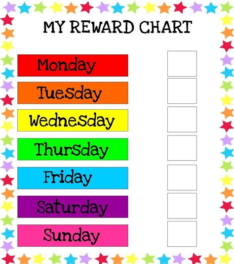 a reward chart with the words monday, wednesday, friday and sunday written in rainbow colors