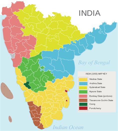 Map of South Indian states prior to the States Reorganisation Act, 1956 ...