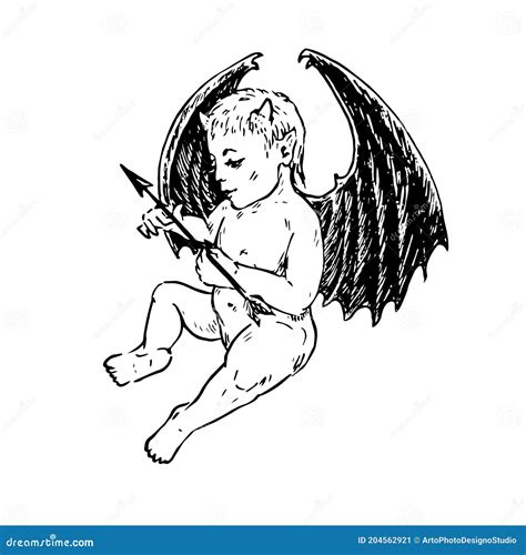 Little Cute Devil Baby Holding Arrow, Doodle Drawing Stock Vector ...