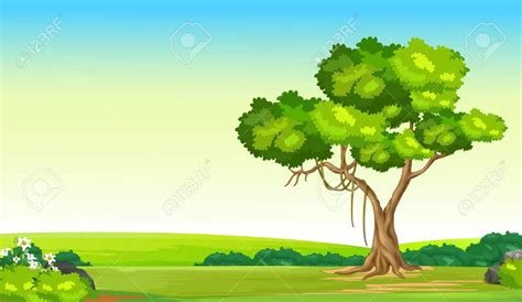 Beautiful Green Landscape Grass Field View With Tree Cartoon ...