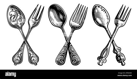 Crossed retro Fork and Spoon for restaurant menu design. Generative AI vintage sketch ...