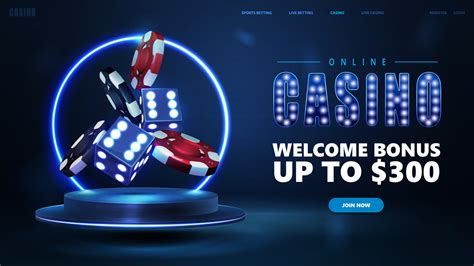 Online casino, banner for website with blue podium floating in the air with blue neon ring, 3D ...