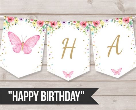 Happy Birthday Banner Butterfly Birthday Banner Floral Flowers Pink and ...