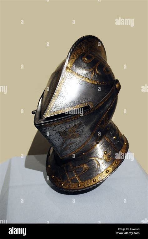 Medieval Knight helmet- an armor exhibit at the Metropolitan Museum of Art, New York City USA ...