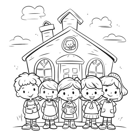 School Colors Preschool Coloring Page With Kids In Front Of School ...