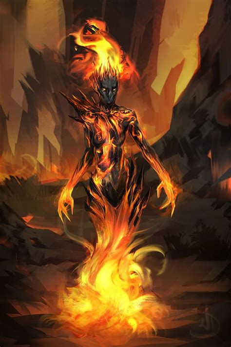 a painting of a demon standing in the middle of a fire filled area with ...