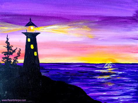 Easy sunrise painting of a Silhouette lighthouse with light on!! This is a fully guided real ...