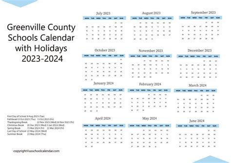 Greenville County Schools Calendar with Holidays 2023-2024