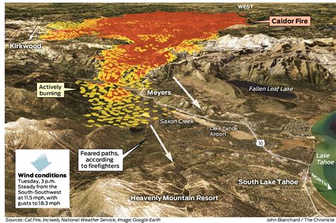 This map shows the feared path of the Caldor Fire toward Heavenly Ski Resort