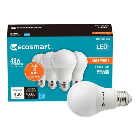 EcoSmart 40-Watt Equivalent A19 Dimmable Energy Star LED Light Bulb Soft White (4-Pack ...