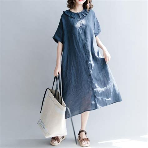 Elegant navy cotton linen dress casual dress fine short sleeve patchwork Peter pan Collar ...