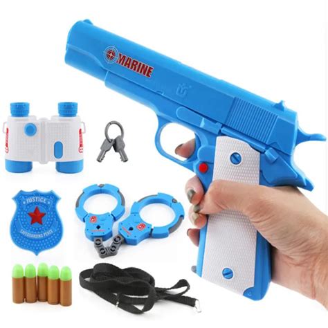 Blue Emissive Soft Airsoft Air Gun Plastic Pistol Toy Gun with Telescope and Handcuffs for Boy ...