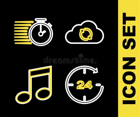 Set Line Cloud Sync Refresh, Clock 24 Hours, Music Note, Tone and Stopwatch Icon. Vector Stock ...