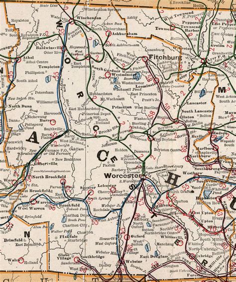 Worcester County, Massachusetts, 1901, Map, Cram, Fitchburg, Leominster ...