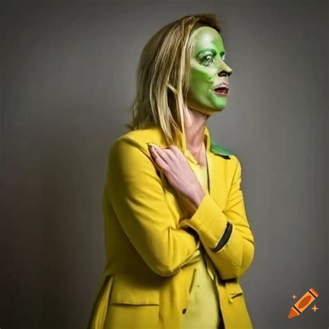 Giorgia meloni wearing a yellow suit with her face painted green on Craiyon