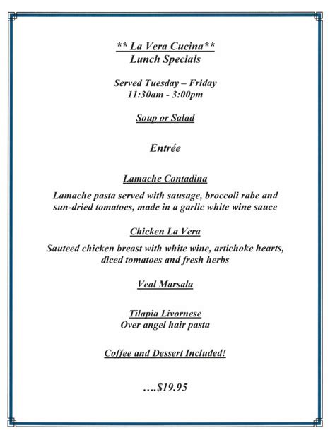 La Vera Cucina Lunch Menu