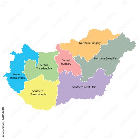 Hungary map background with regions, region names and cities in color ...