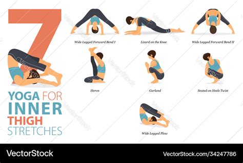 7 yoga poses for inner thigh stretch concept Vector Image