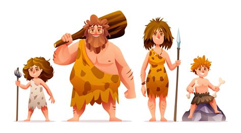 Primitive people characters. Prehistoric stone age caveman family ...